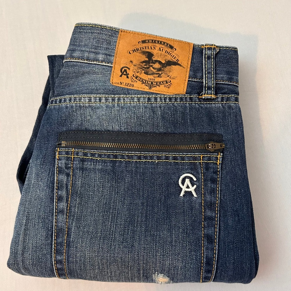 Christian Audigier‎ Mens 33x29 Distressed Blue Designer Jeans Y2K Streetwear